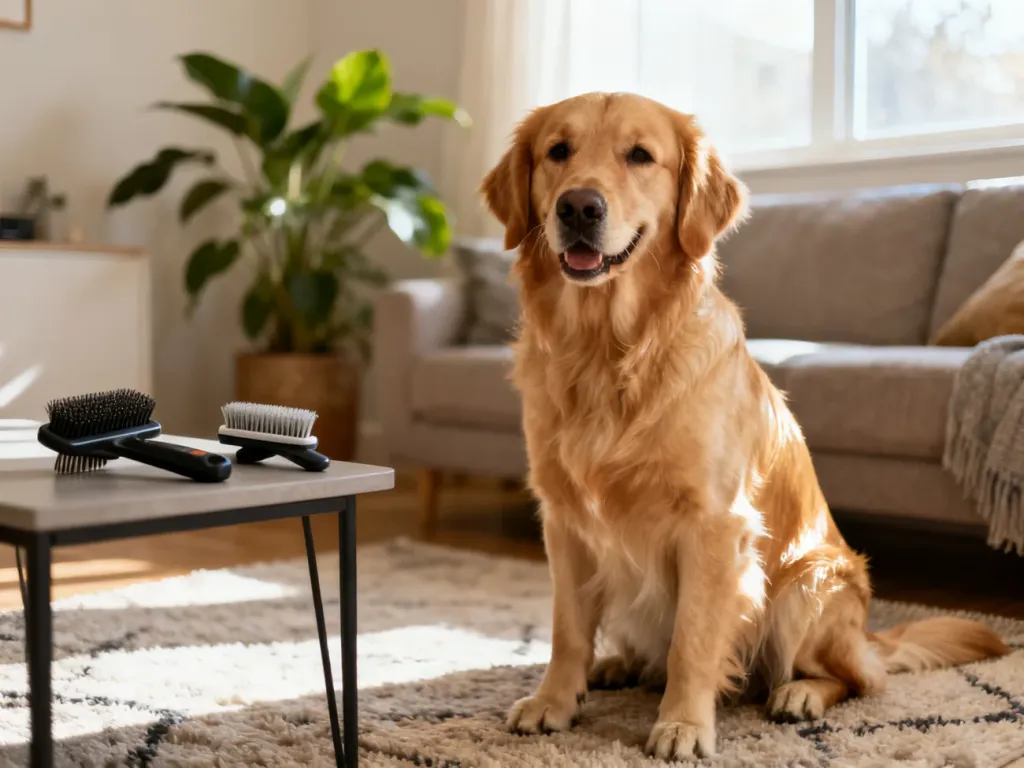Spokojny golden retriever siedzący na dywanie w przytulnym salonie, z lśniącą sierścią i akcesoriami do pielęgnacji w tle