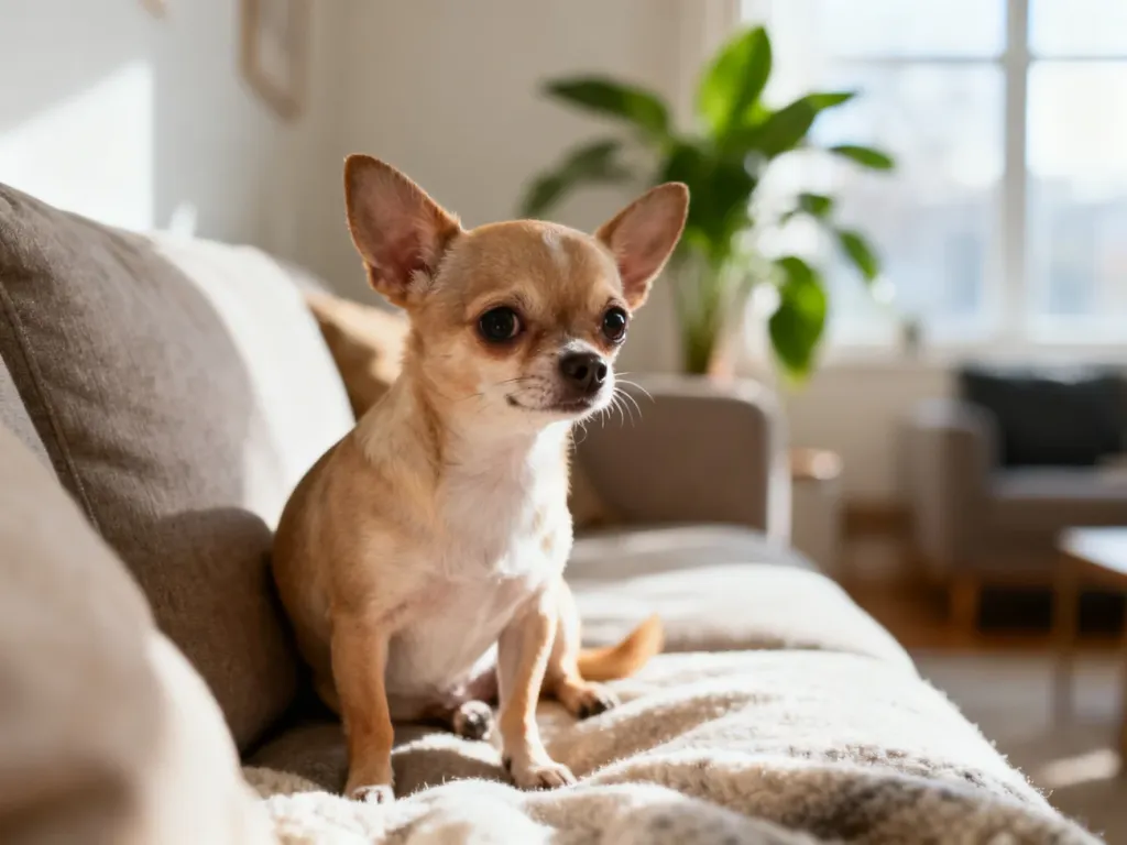 Mały krótkowłosy chihuahua na kanapie w jasnym salonie, patrzy ciekawie w kamerę, podkreślając domowy charakter rasy.