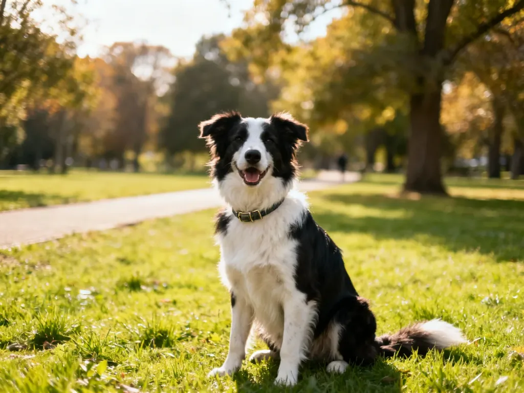 Uśmiechnięty border collie siedzący na trawie w słonecznym parku, uważny i przyjazny, w spokojnej, naturalnej scenerii.