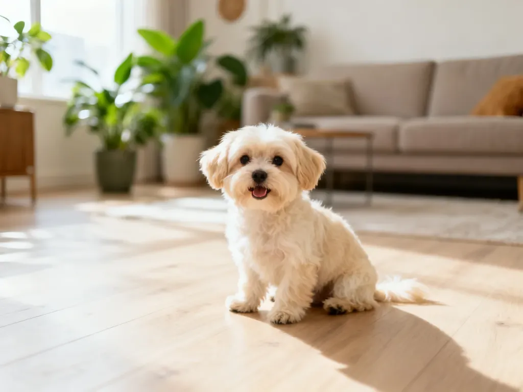 Kremowy piesek rasy Maltipoo siedzący w jasnym, przytulnym salonie, patrzący przyjaźnie w obiektyw.