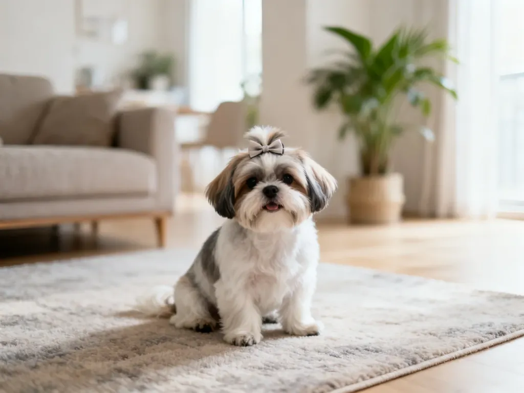 Zadbany shih tzu z kokardką siedzi na dywanie w jasnym, przytulnym salonie, patrząc łagodnie w stronę aparatu.